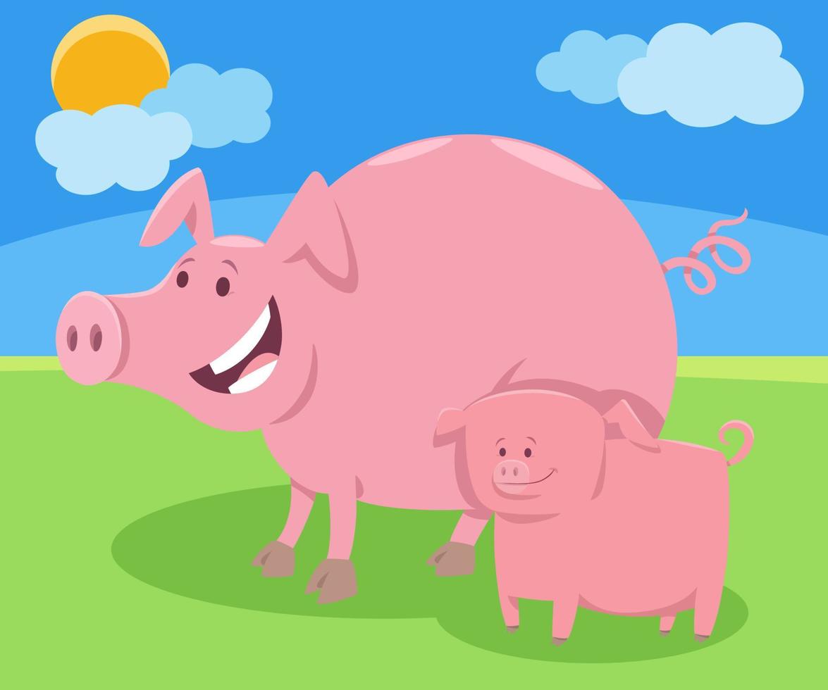 personagem de animal de fazenda mãe porco dos desenhos animados com leitão vetor