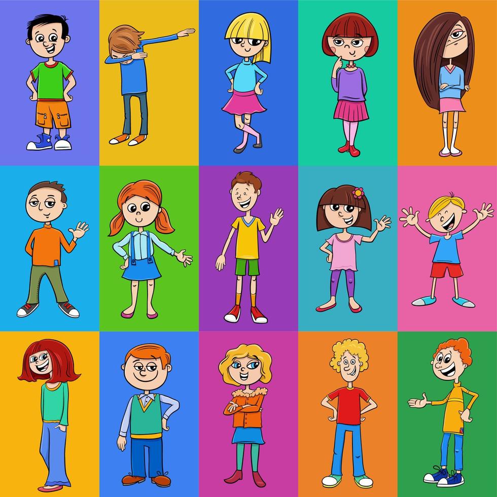 design de plano de fundo ou padrão com personagens de desenhos animados de crianças vetor