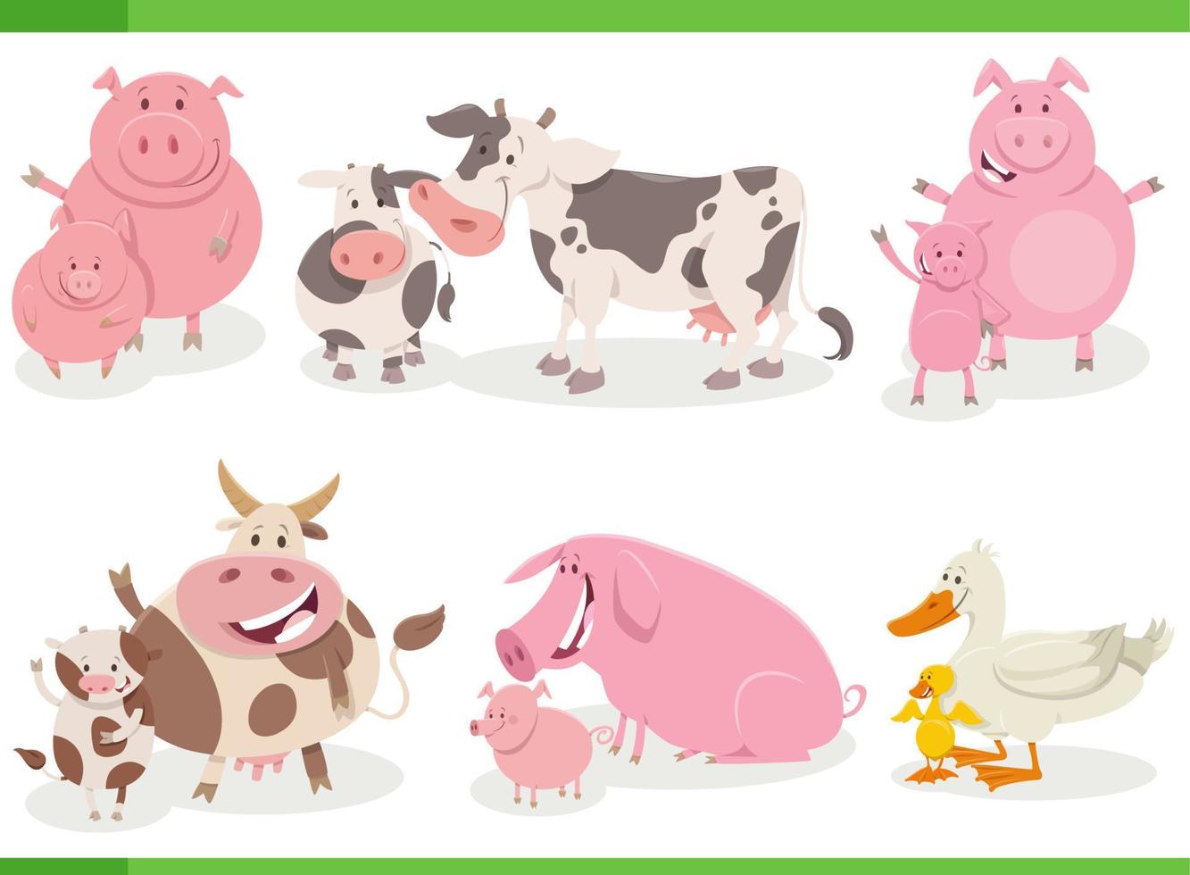 personagens de animais de fazenda engraçados dos desenhos animados com bebês vetor