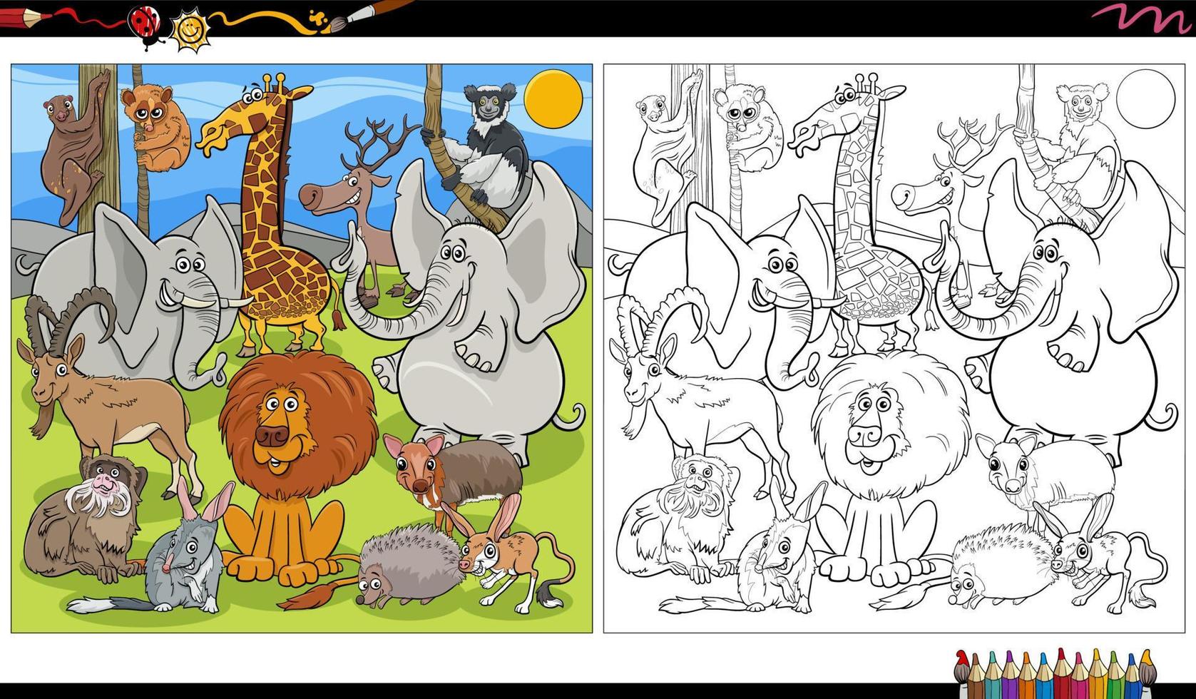 página do livro para colorir do grupo de personagens de animais selvagens dos desenhos animados vetor