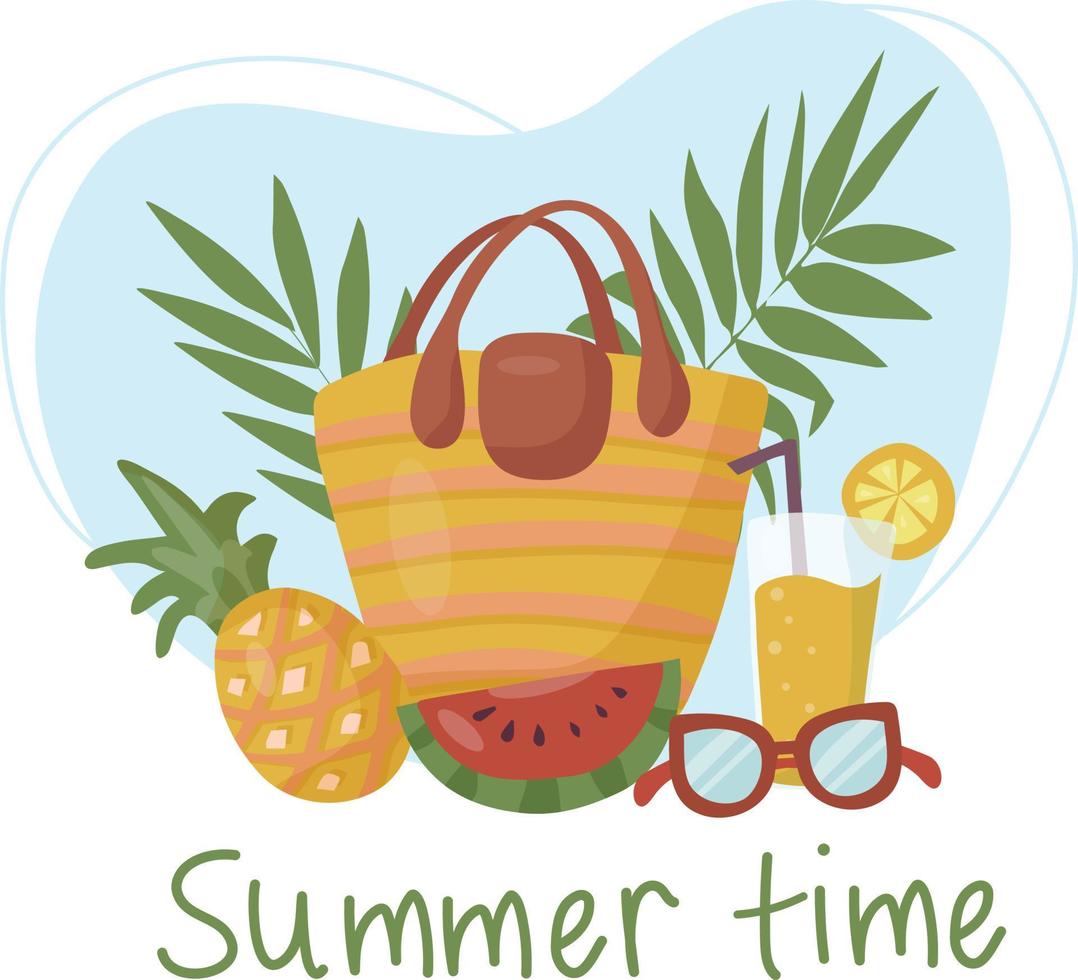 aproveite o horário de verão. conjunto com coisas para uma festa na praia com um coquetel de frutas contra um fundo de folhas de palmeira vetor