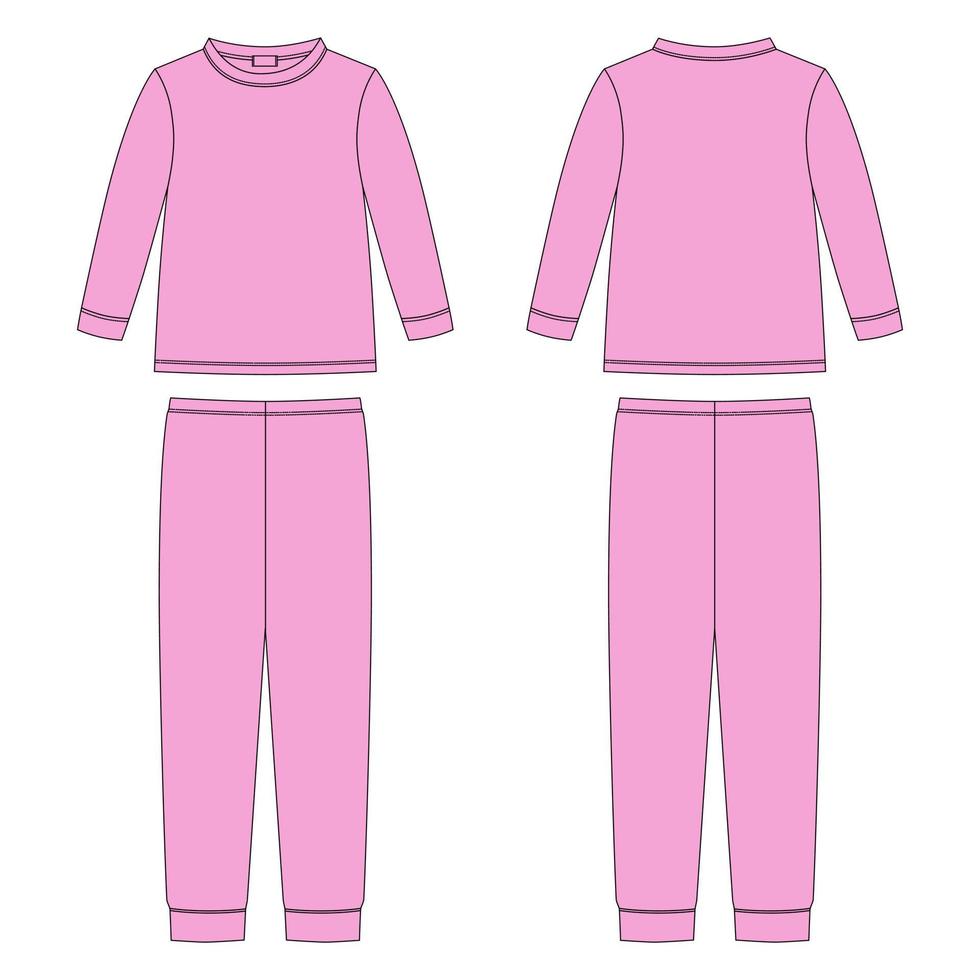 moletom e calça infantil de algodão. croqui técnico de pijama de vestuário. as crianças descrevem o modelo de design de roupa de dormir. cores rosa. vetor