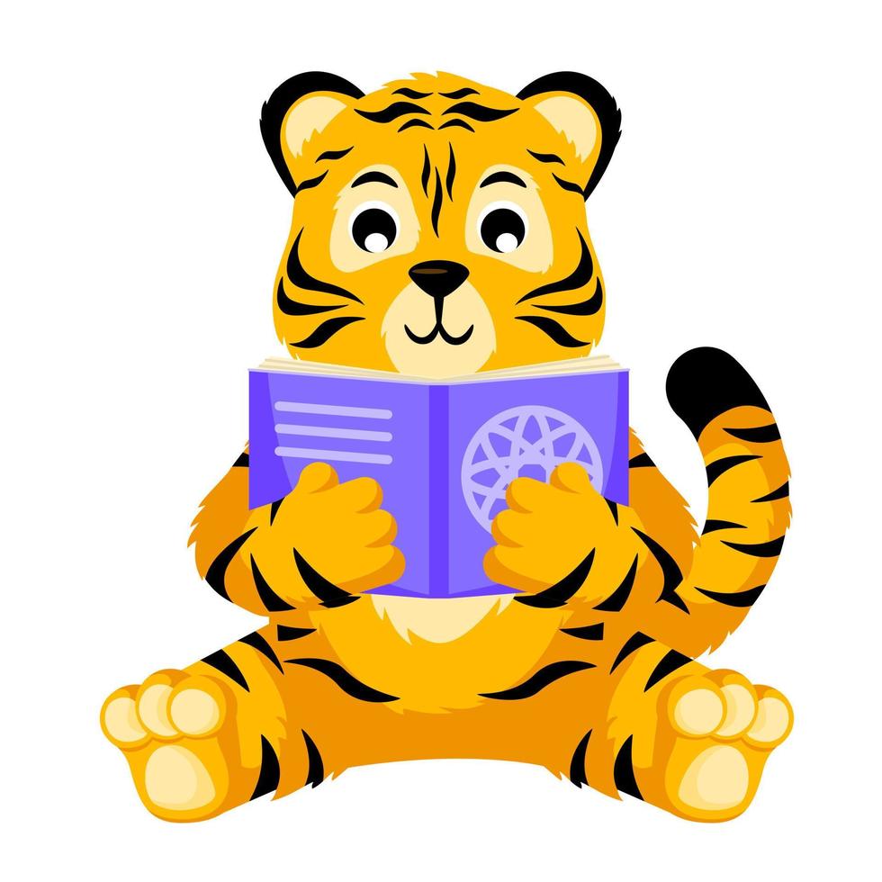 lindo pequeno tigre isolado livro de leitura. feliz personagem dos desenhos animados filhote de tigre aprendendo. vetor