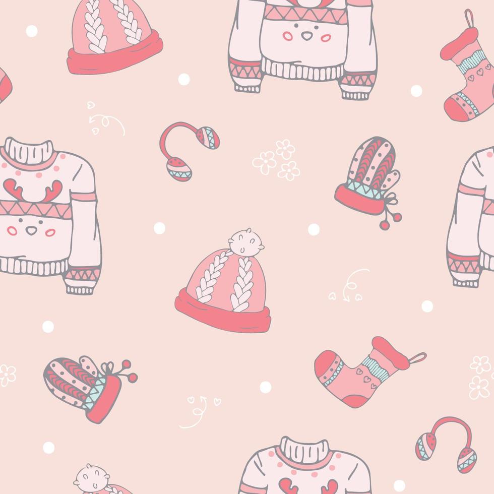 suéter de elementos de traje de inverno, protetores de ouvido, meias, luvas de inverno, rosa pastel - ilustração em vetor padrão sem emenda.