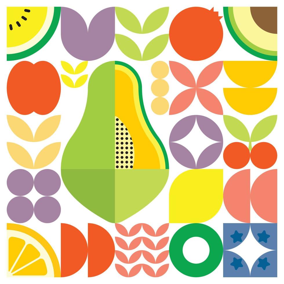 cartaz de arte de corte de frutas frescas de verão geométrico com formas simples coloridas. design de padrão de vetor abstrato plano estilo escandinavo. ilustração minimalista de um mamão verde sobre um fundo branco.