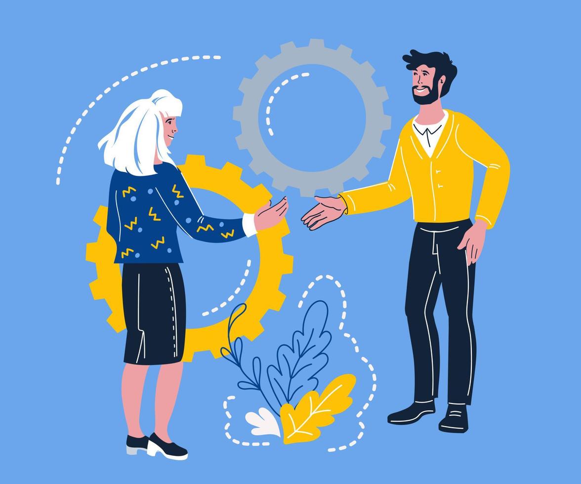 gerente da empresa cumprimentando novo funcionário no local de trabalho - personagens de pessoas de negócios. recrutamento, emprego e início de carreira bem-sucedido, parceria e colaboração. ilustração vetorial plana. vetor