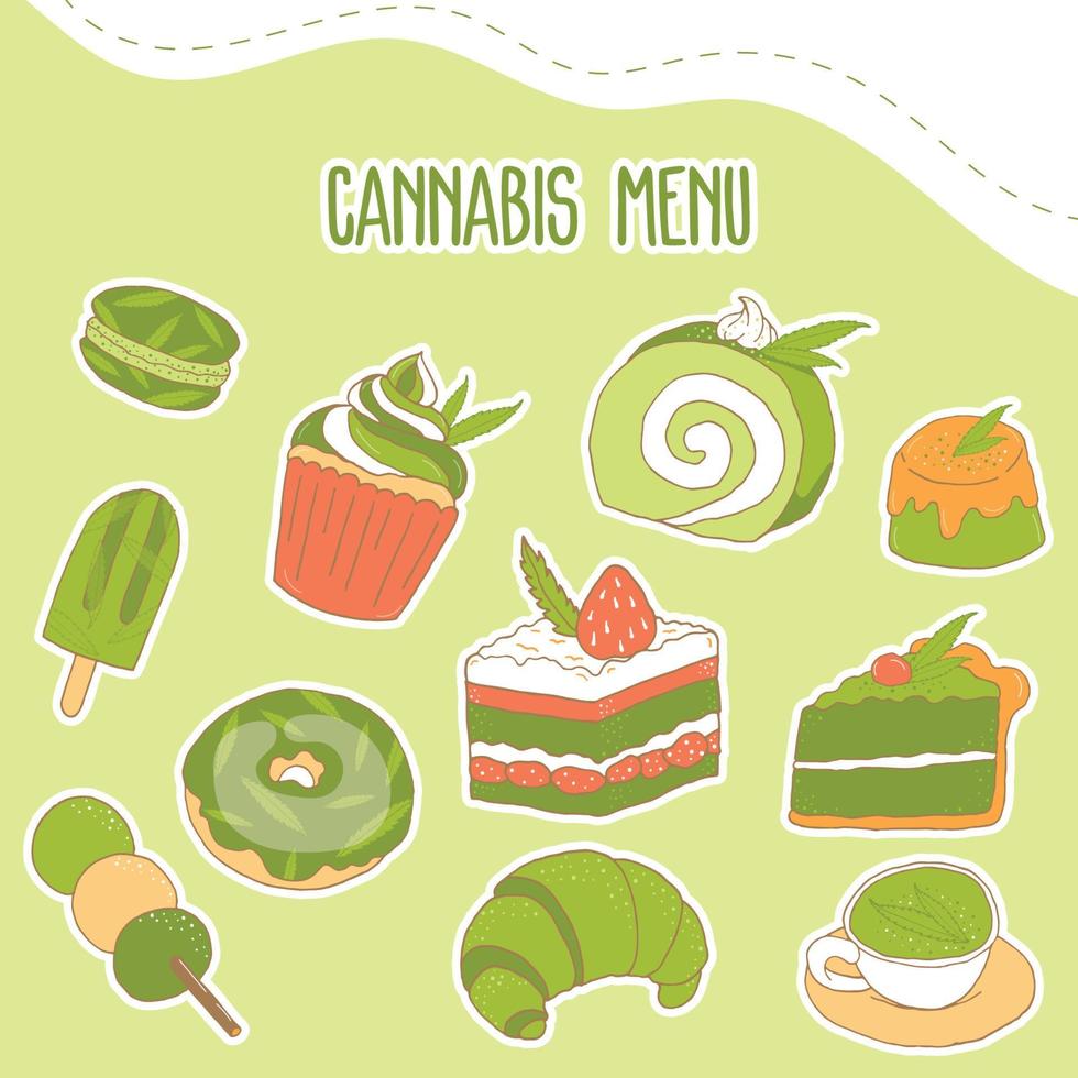 menu de doces de cannabis de maconha, feito de cannabis como ingredientes - macaron, chá, cupcake, pudim, moji, cheesecake, croissant, sorvete, rosquinha. ilustração vetorial. vetor