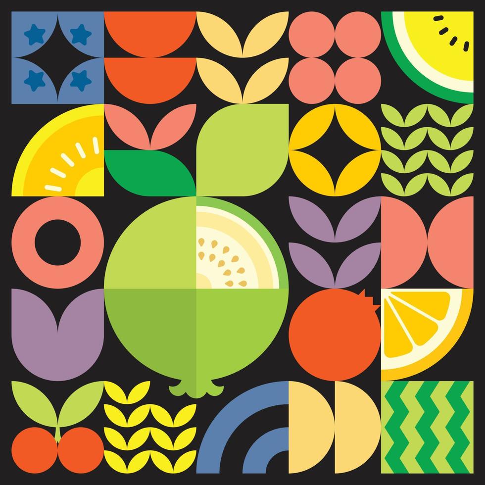 cartaz de arte de corte de frutas frescas de verão geométrico com formas simples coloridas. design de padrão de vetor abstrato plano estilo escandinavo. ilustração minimalista de uma goiaba branca sobre um fundo preto.