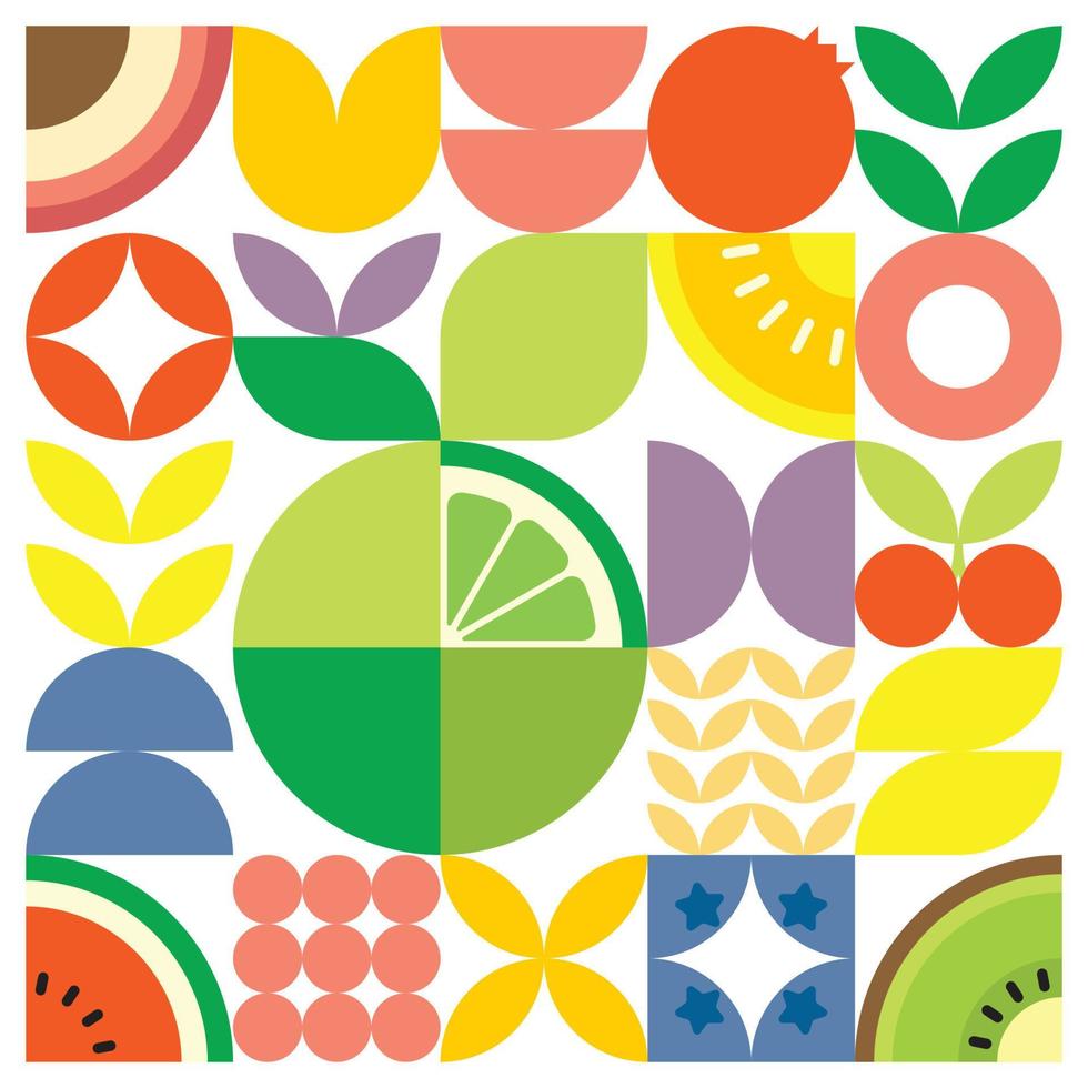cartaz de arte de corte de frutas frescas de verão geométrico com formas simples coloridas. design de padrão de vetor abstrato plano em estilo escandinavo. ilustração minimalista de citrinos verdes sobre fundo branco.