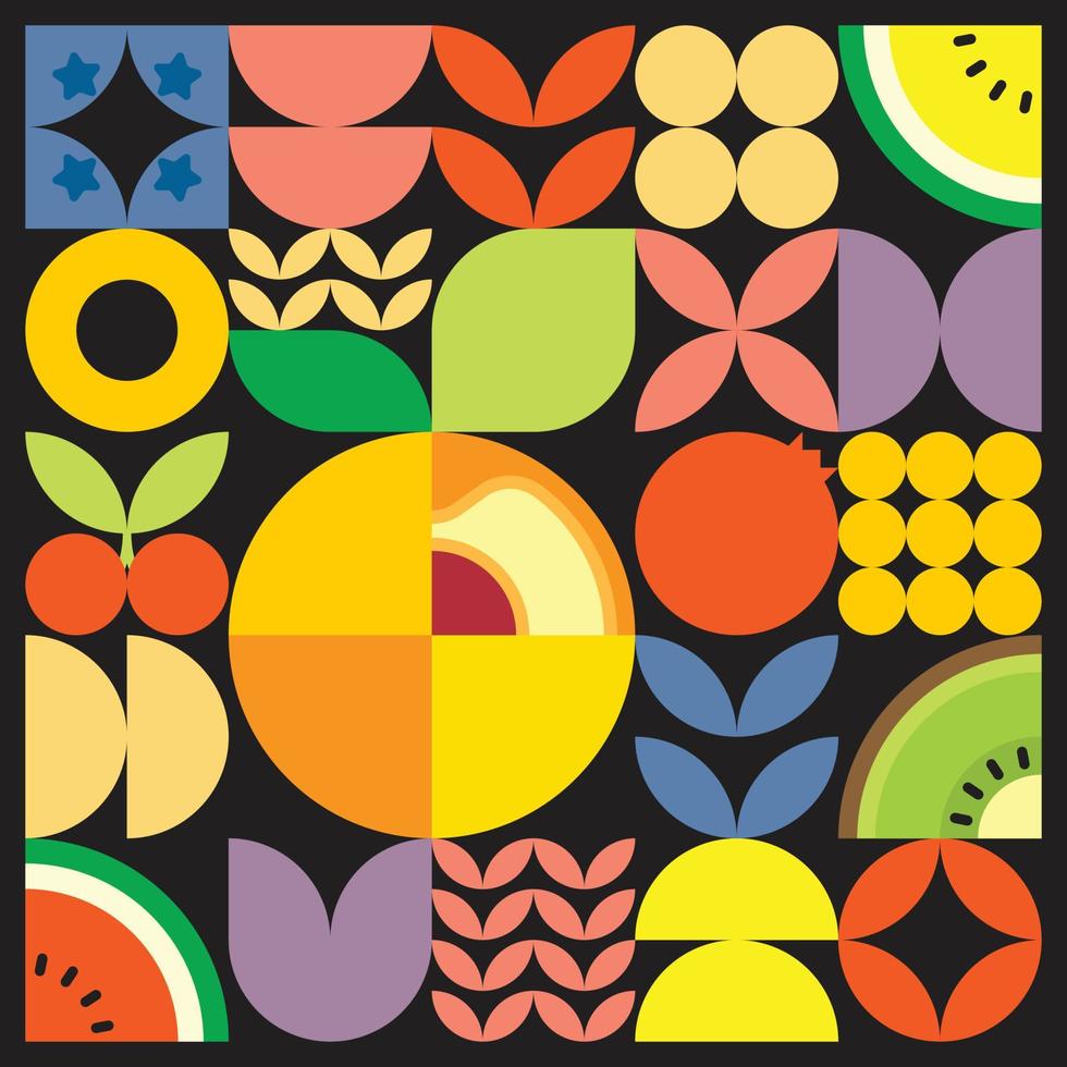 cartaz de arte de corte de frutas frescas de verão geométrico com formas simples coloridas. design de padrão de vetor abstrato plano estilo escandinavo. ilustração minimalista de um damasco em um fundo preto.
