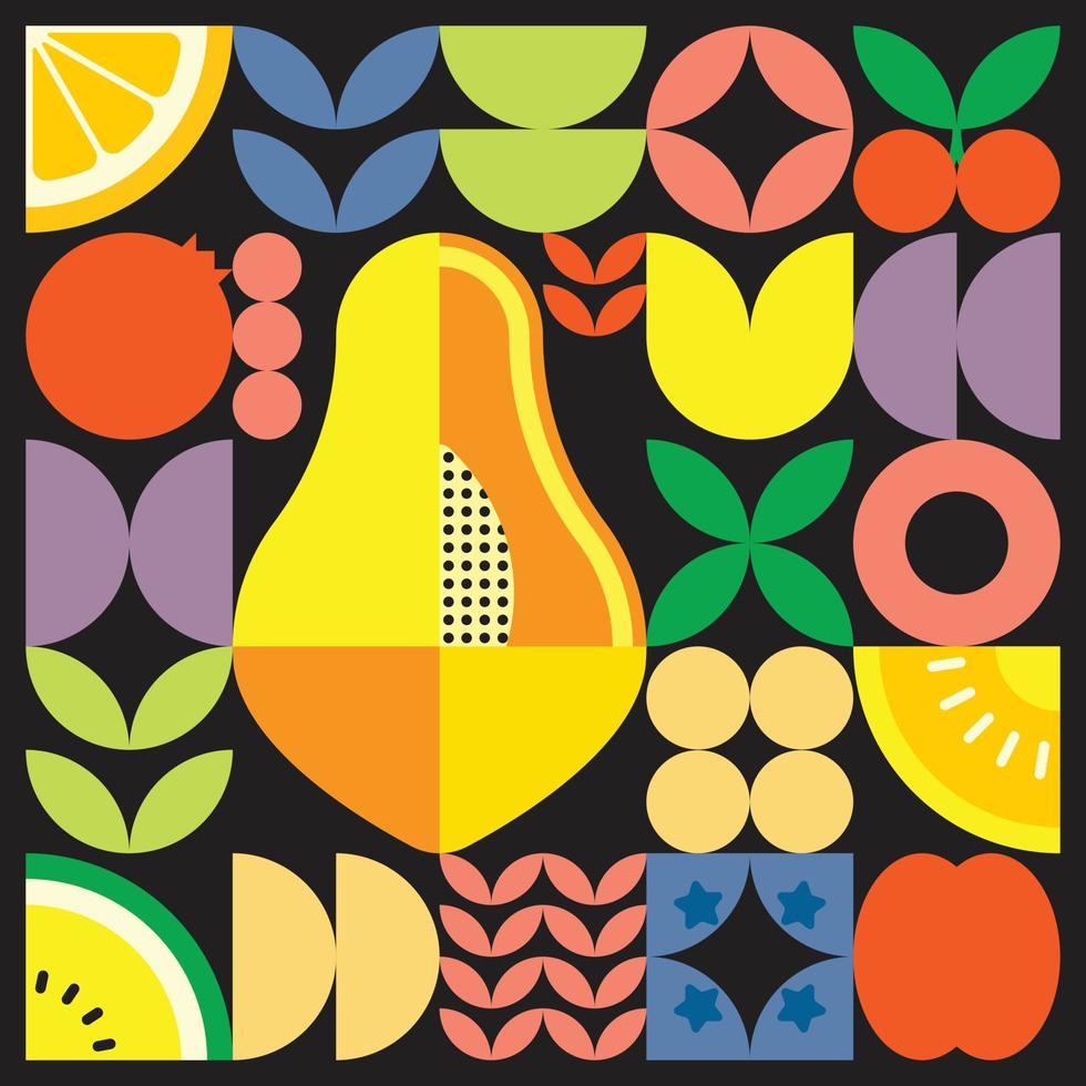 cartaz de arte de corte de frutas frescas de verão geométrico com formas simples coloridas. design de padrão de vetor abstrato plano estilo escandinavo. ilustração minimalista de um mamão maduro em um fundo preto.
