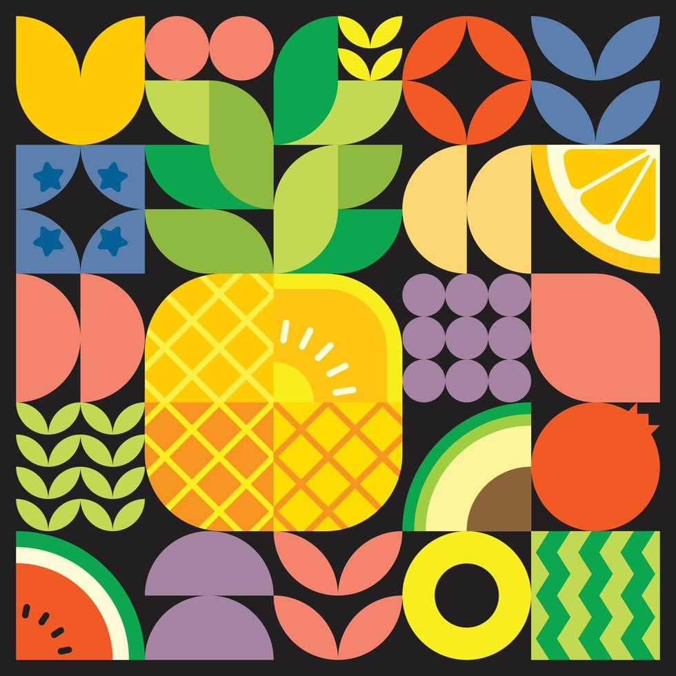 cartaz de arte de corte de frutas frescas de verão geométrico com formas simples coloridas. design de padrão de vetor abstrato plano estilo escandinavo. ilustração minimalista de um abacaxi maduro em um fundo preto.