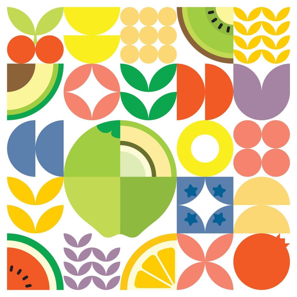 cartaz de arte de corte de frutas frescas de verão geométrico com formas simples coloridas. design de padrão de vetor abstrato plano estilo escandinavo. ilustração minimalista de um coco em um fundo branco.