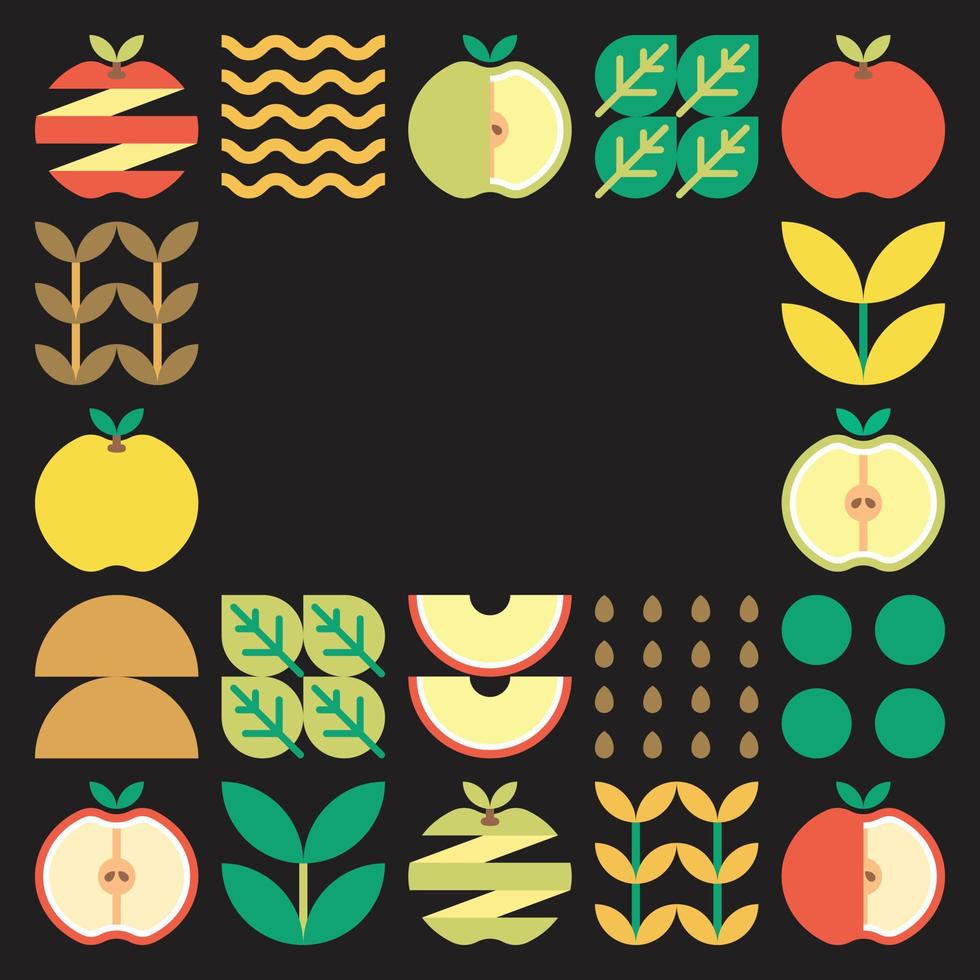 arte abstrata do quadro de maçã. design ilustração de padrão de maçã colorida, folhas e símbolos geométricos em estilo minimalista. frutas inteiras, cortadas e partidas. vetor plano simples em um fundo preto.