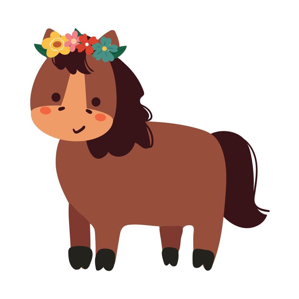 desenho à mão cavalo de desenho animado com acessórios de cabeça de flor categoria animais vetor