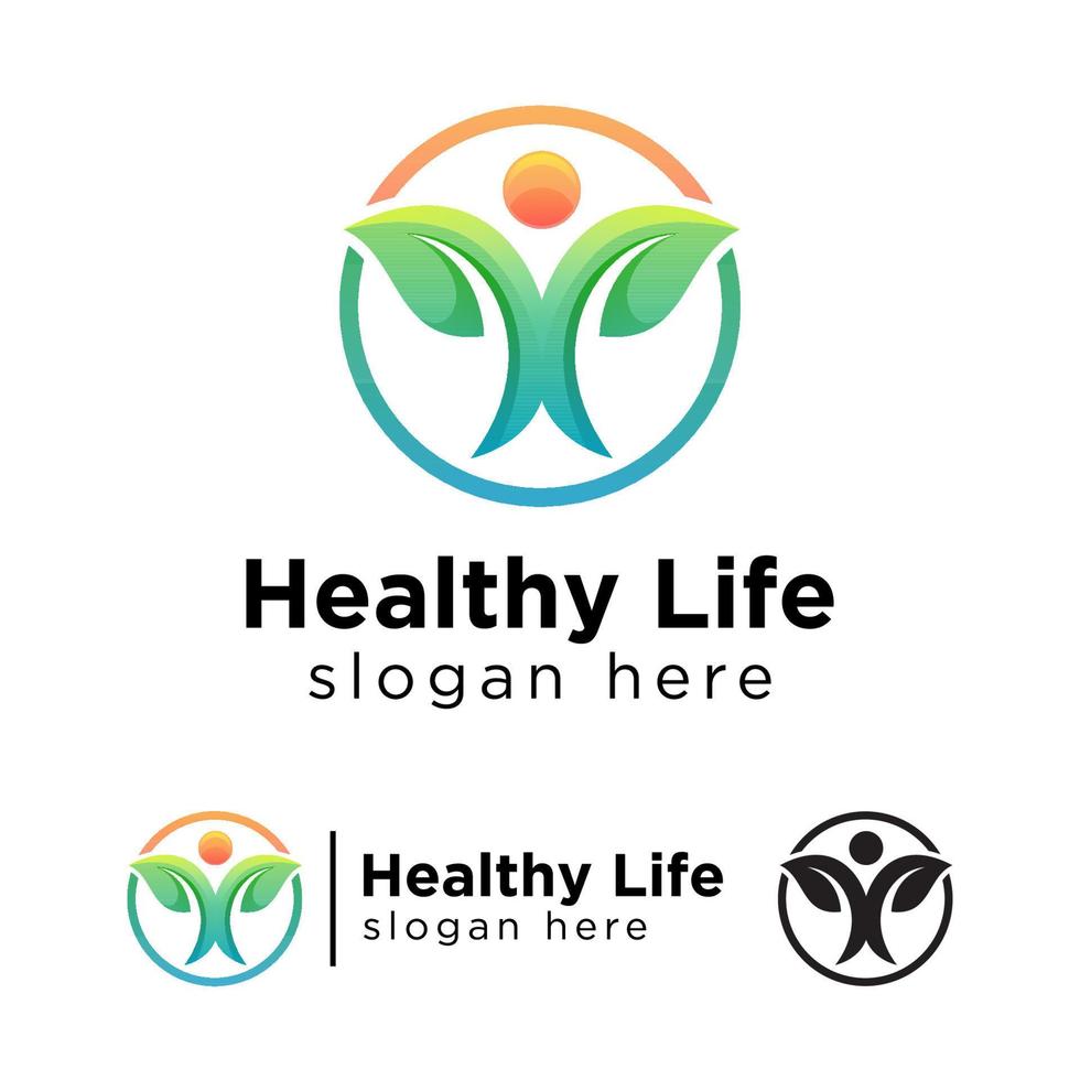 logotipo gradiente de vida saudável verde, pessoas com modelo de vetor de conceito de logotipo de folha
