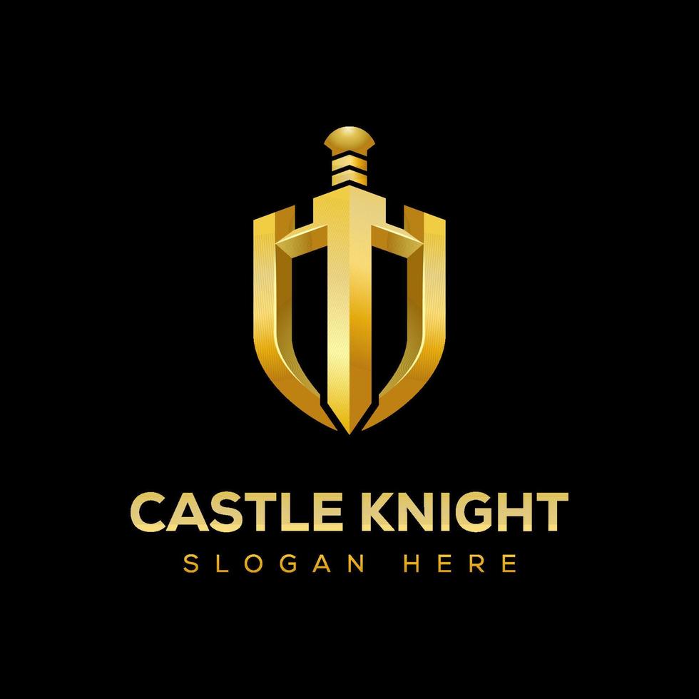 cavaleiro do castelo dourado com design de logotipo premium de escudo vetor