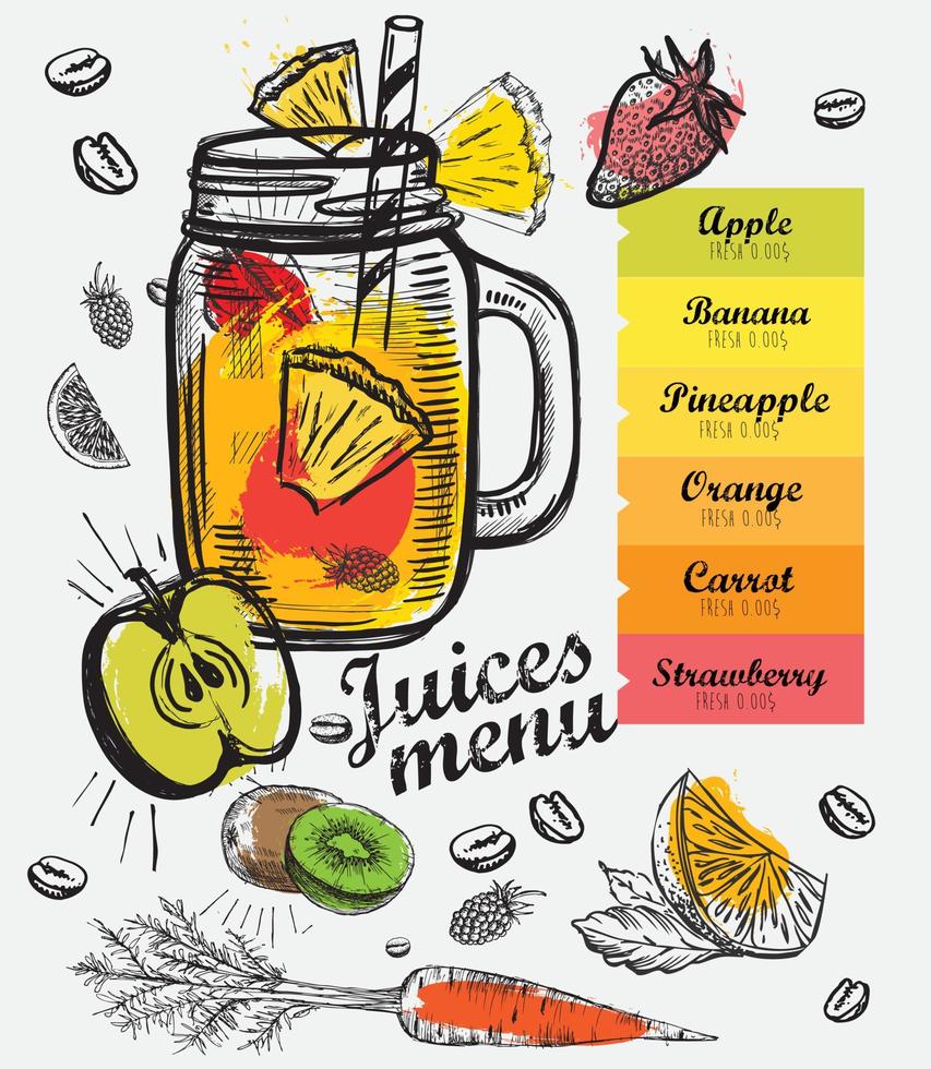 suco de menu, smoothie. design de modelo, estilo desenhado à mão. vetor