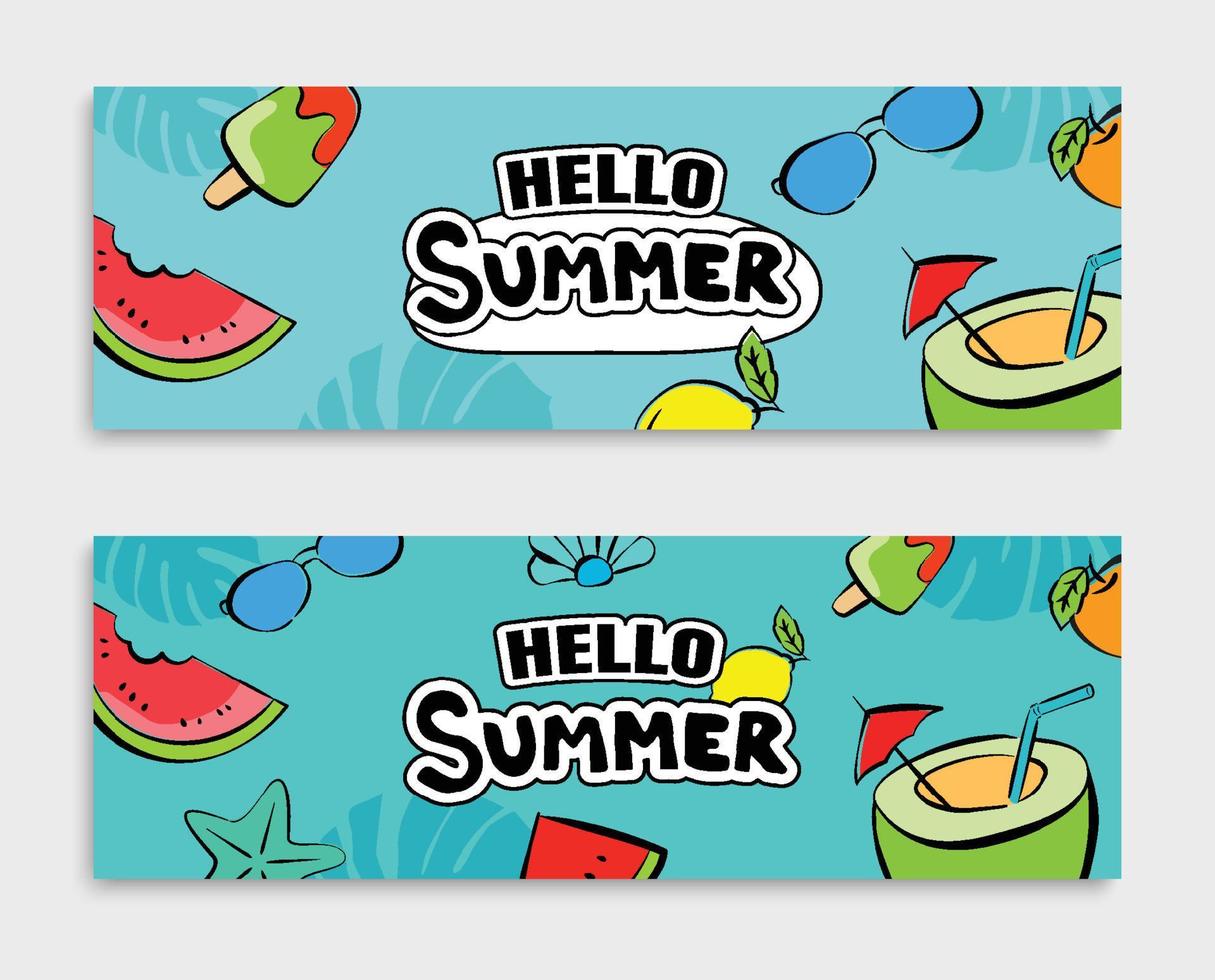 Olá verão banners design estilo desenhado à mão. verão com elementos de rabiscos e objetos para fundo de festa na praia. vetor