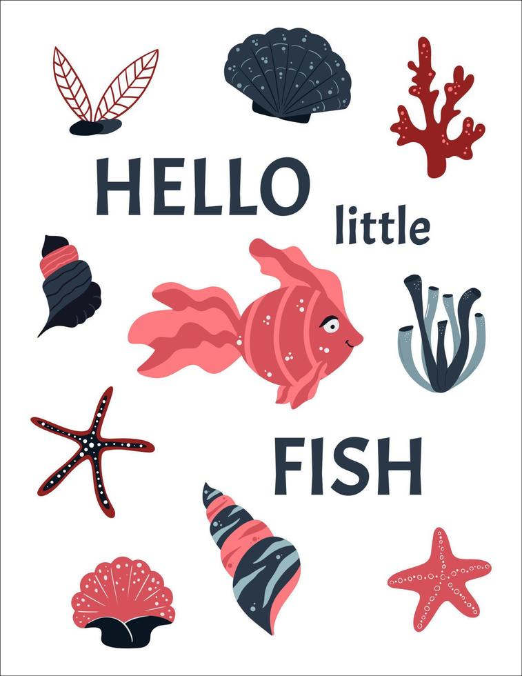 cartaz do mar e cartão postal para crianças. animais marinhos dos desenhos animados, peixes, algas e conchas. adequado para design de cartão de saudação, design de camiseta, decoração de quarto infantil. vetor. vetor