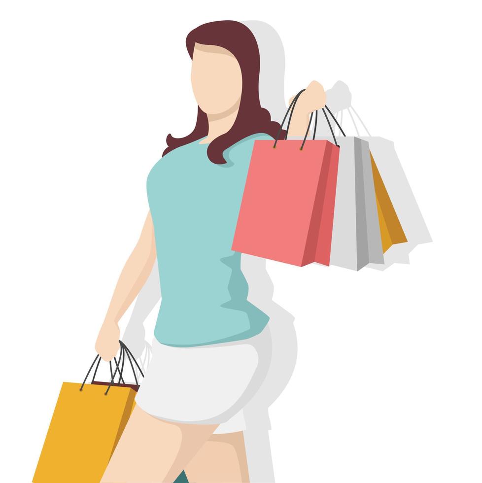 mulher feliz com sacola de compras em estilo moderno simples, pessoas simples e conceito de moda em fundo branco. vetor