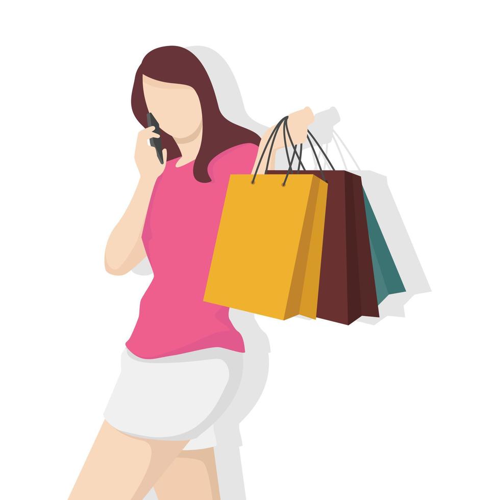 mulher feliz com sacola de compras em estilo moderno simples, pessoas simples e conceito de moda em fundo branco. vetor