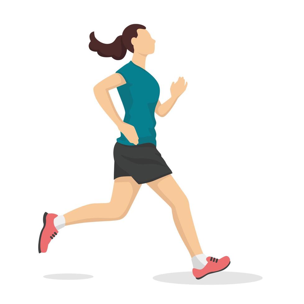 mulher correndo na ilustração vetorial de estilo moderno, sombra plana simples de pessoa saudável isolada no fundo branco. vetor