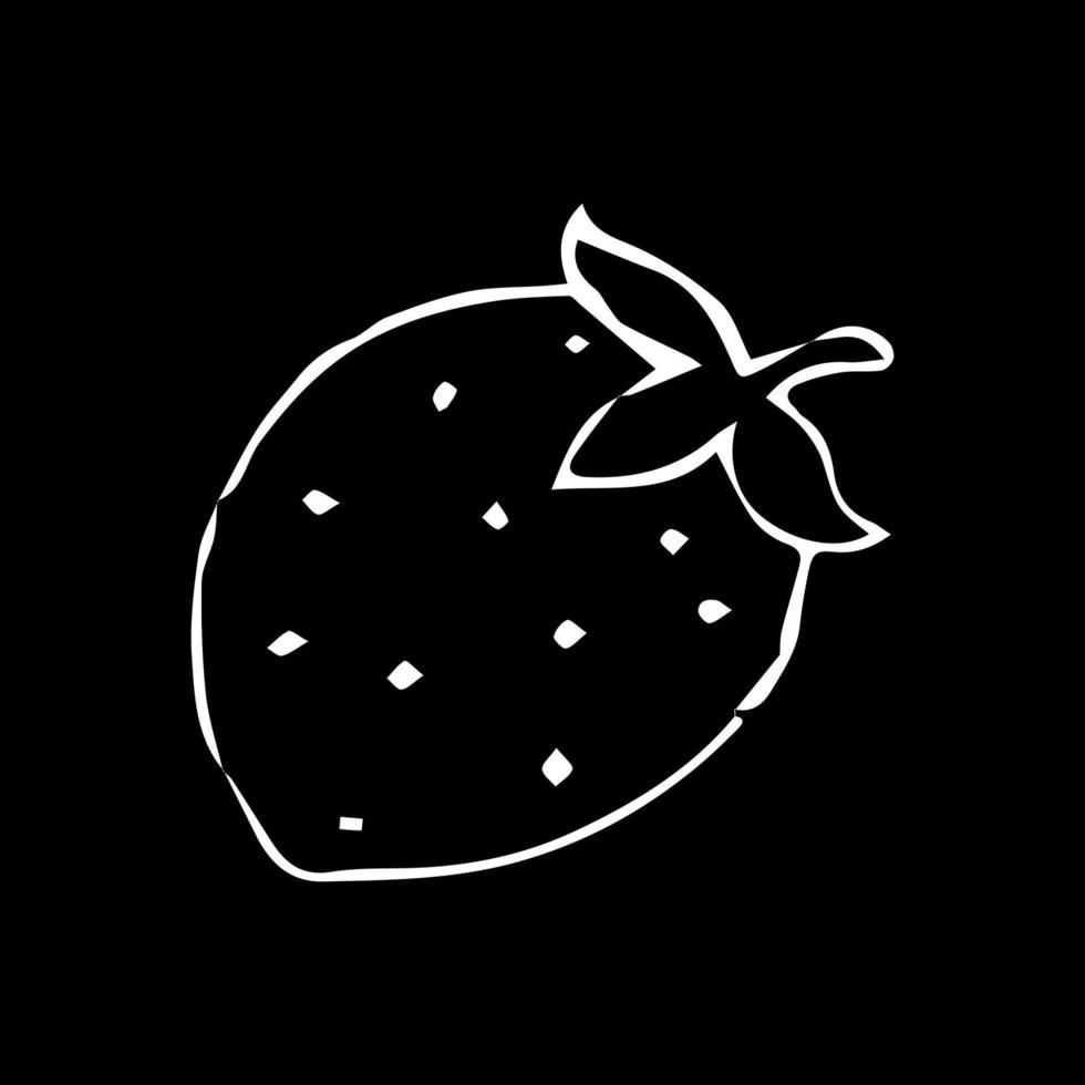 mão de morango desenhada com contorno branco sobre fundo preto. frutas em um fundo branco-preto. ilustração vetorial. vetor