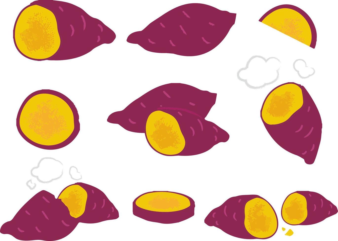 conjunto colorido de vetor de batata-doce isolado no branco. batata ou inhame com pele vermelha, vegetais de desenho animado usados para pôster, site, folheto, tag