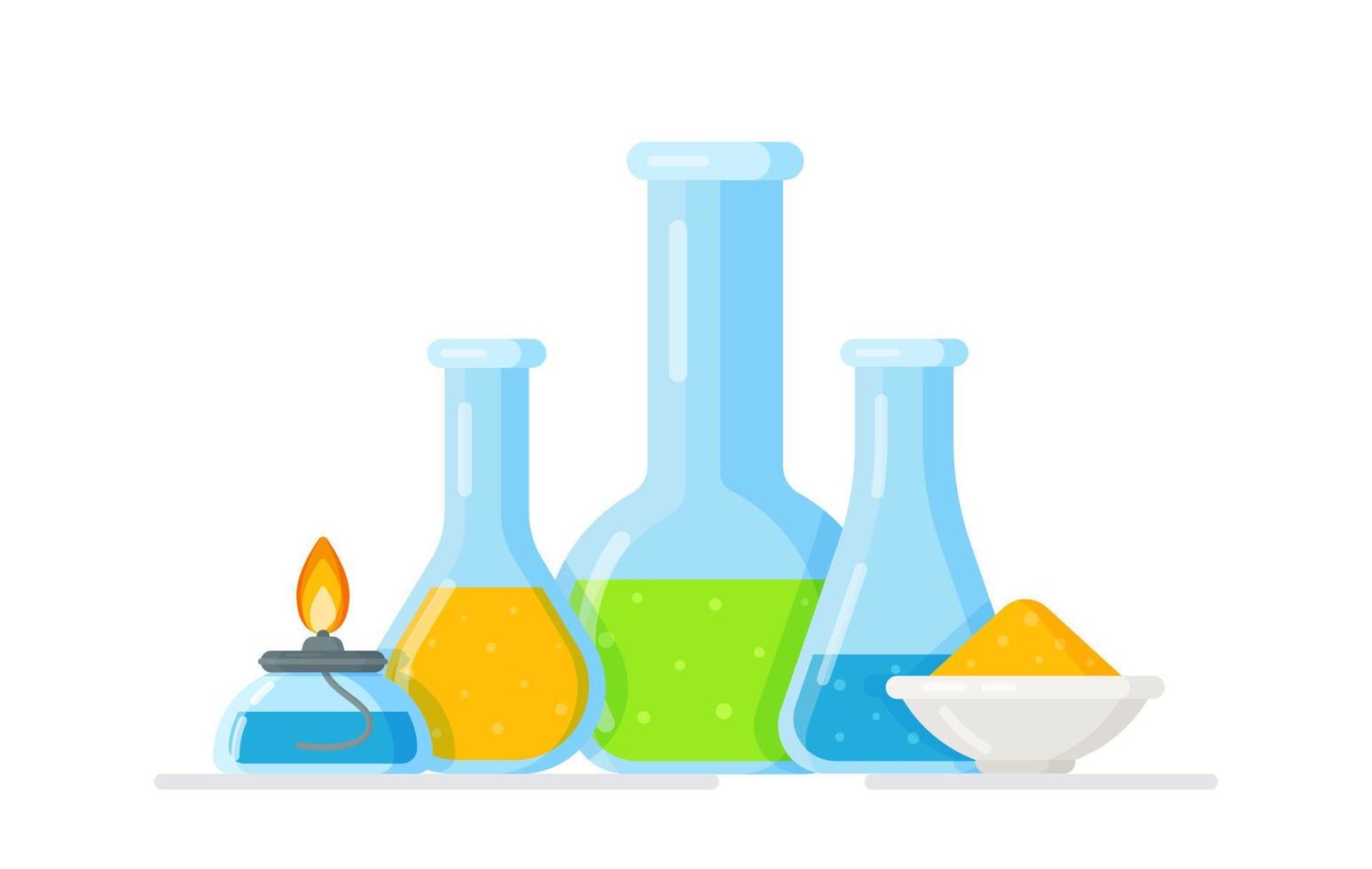 ilustração em vetor de frascos e tubos de ensaio isolados em um fundo branco. experimentos químicos e biológicos.