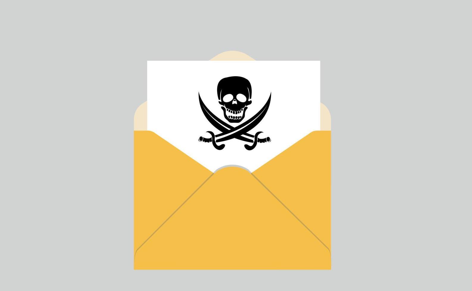 Abra o envelope amarelo com um documento e um ícone de pirataria de caveira e ossos cruzados. vírus, malware, esquema de e-mail, spam de e-mail, esquema de phishing, conceito de ataque de hackers. ilustração vetorial vetor
