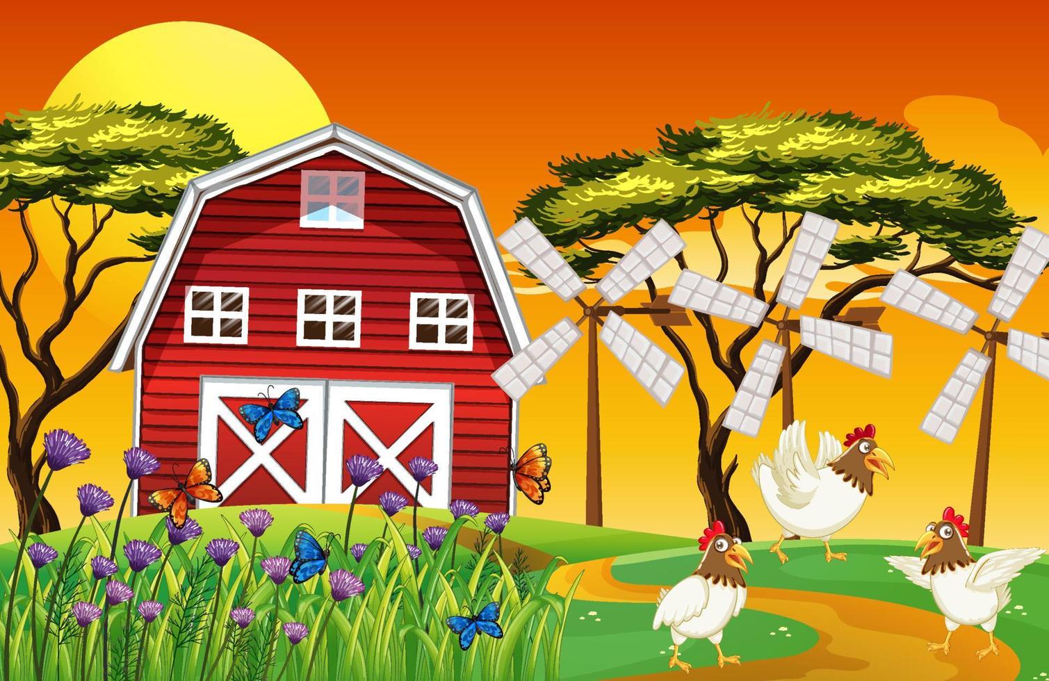 cena de fazenda com galinhas e pôr do sol vetor