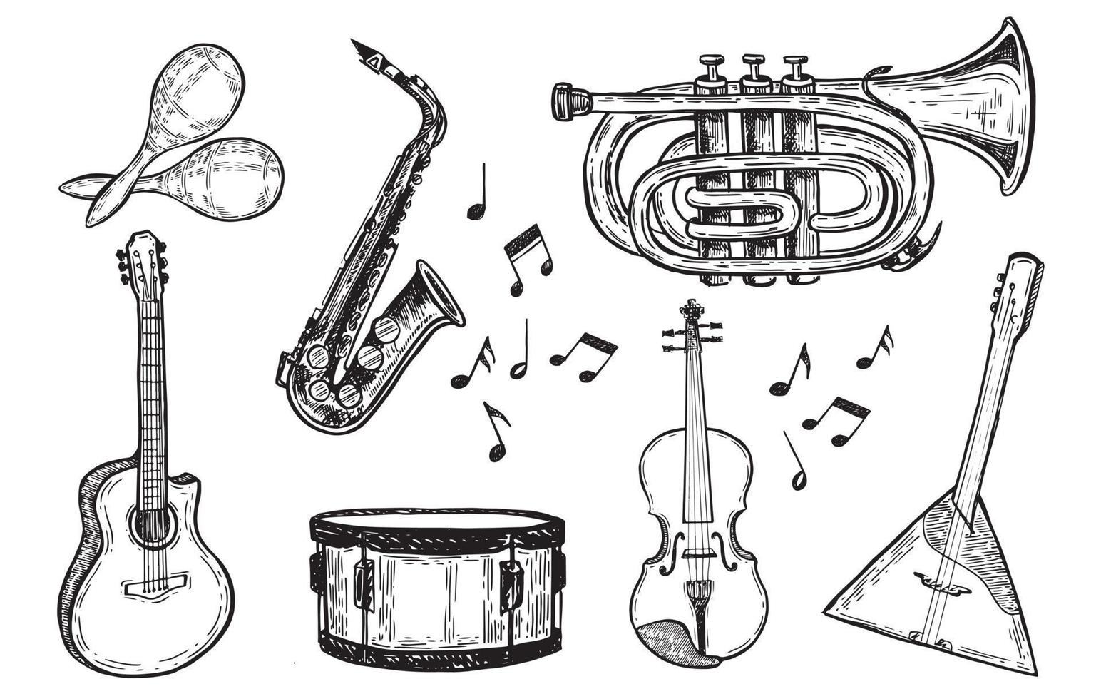 instrumentos musicais mão ilustrações desenhadas. vetor