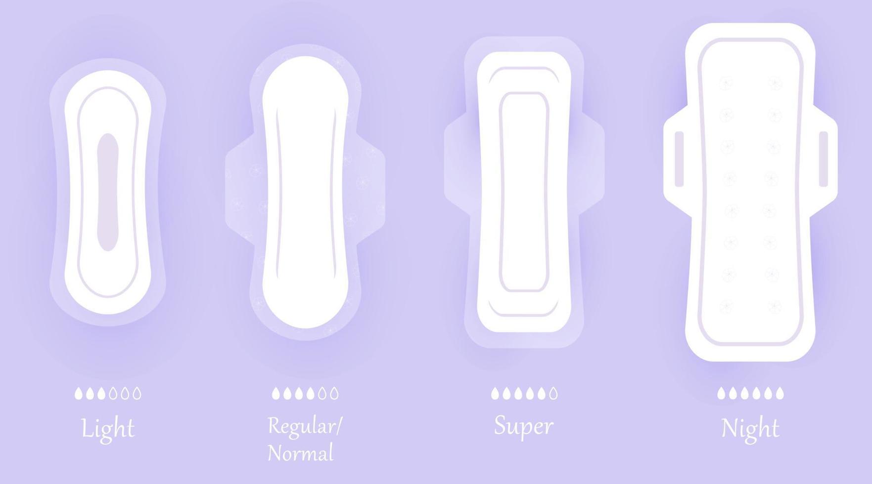 almofadas de higiene feminina. conjunto de ícones vetoriais isolados em fundo violeta com sombra. diferentes tamanhos de produtos de pensos higiénicos femininos. elementos de higiene pessoal em estilo simples. vetor