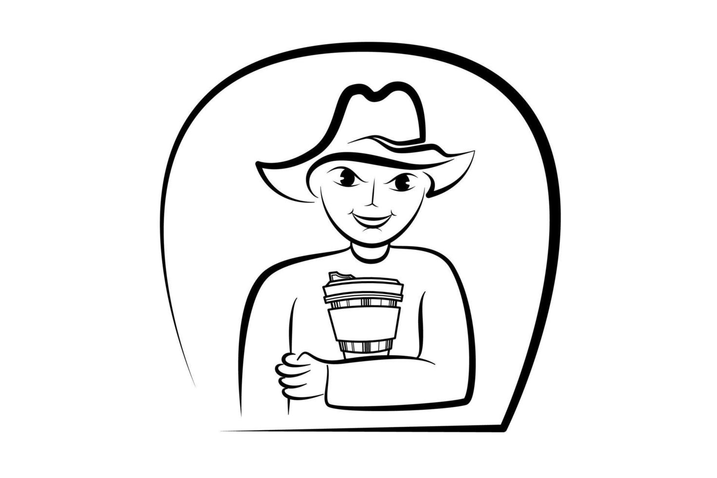desenho de linha do homem de chapéu segurando a xícara de café no fundo branco vetor