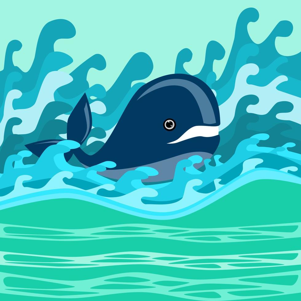 ilustração de baleia nadando nas ondas do mar vetor