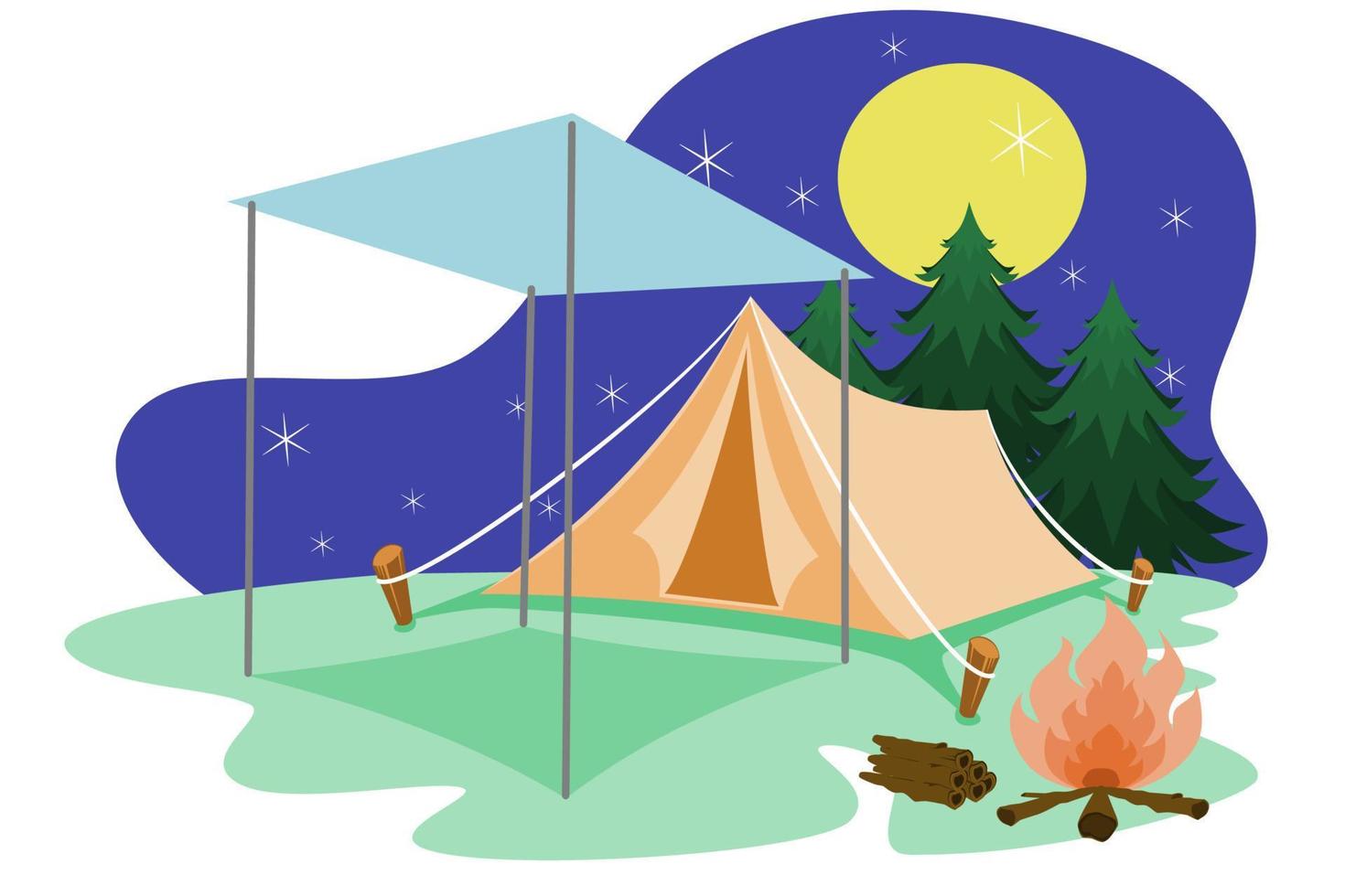 ilustração de paisagem de uma tenda na floresta no meio da lua e constelações vetor