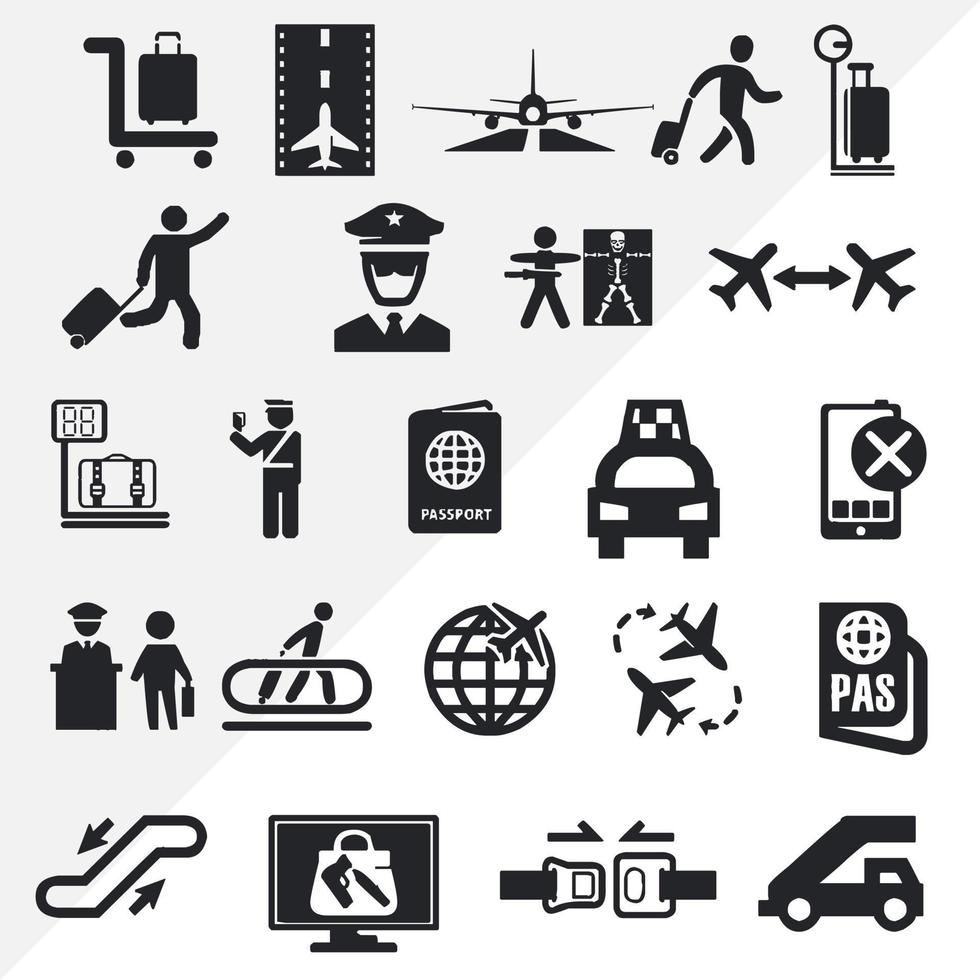 conjunto de ícones vetoriais do aeroporto e um logotipo, isolados em um fundo preto vetor