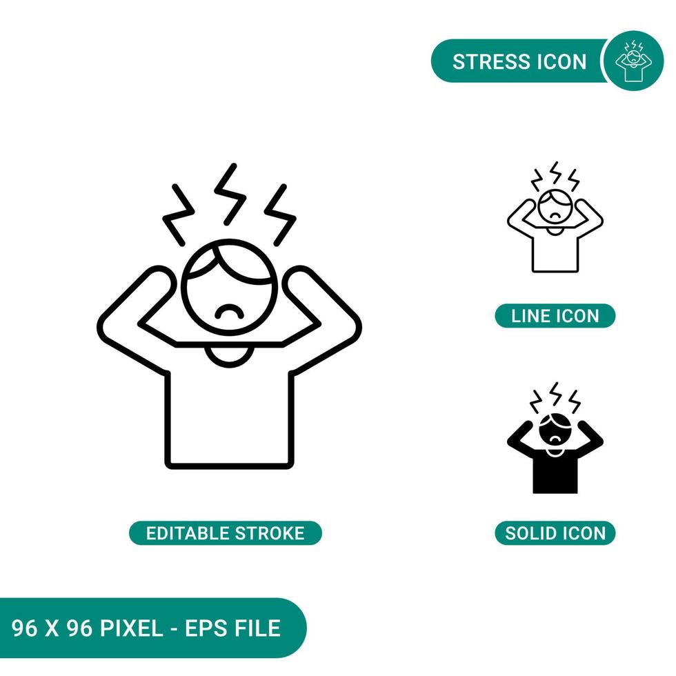 ícones de estresse definir ilustração vetorial com estilo de linha de ícone sólido. conceito de depressão e pressão. ícone de traçado editável em fundo isolado para web design, infográfico e aplicativo móvel ui. vetor