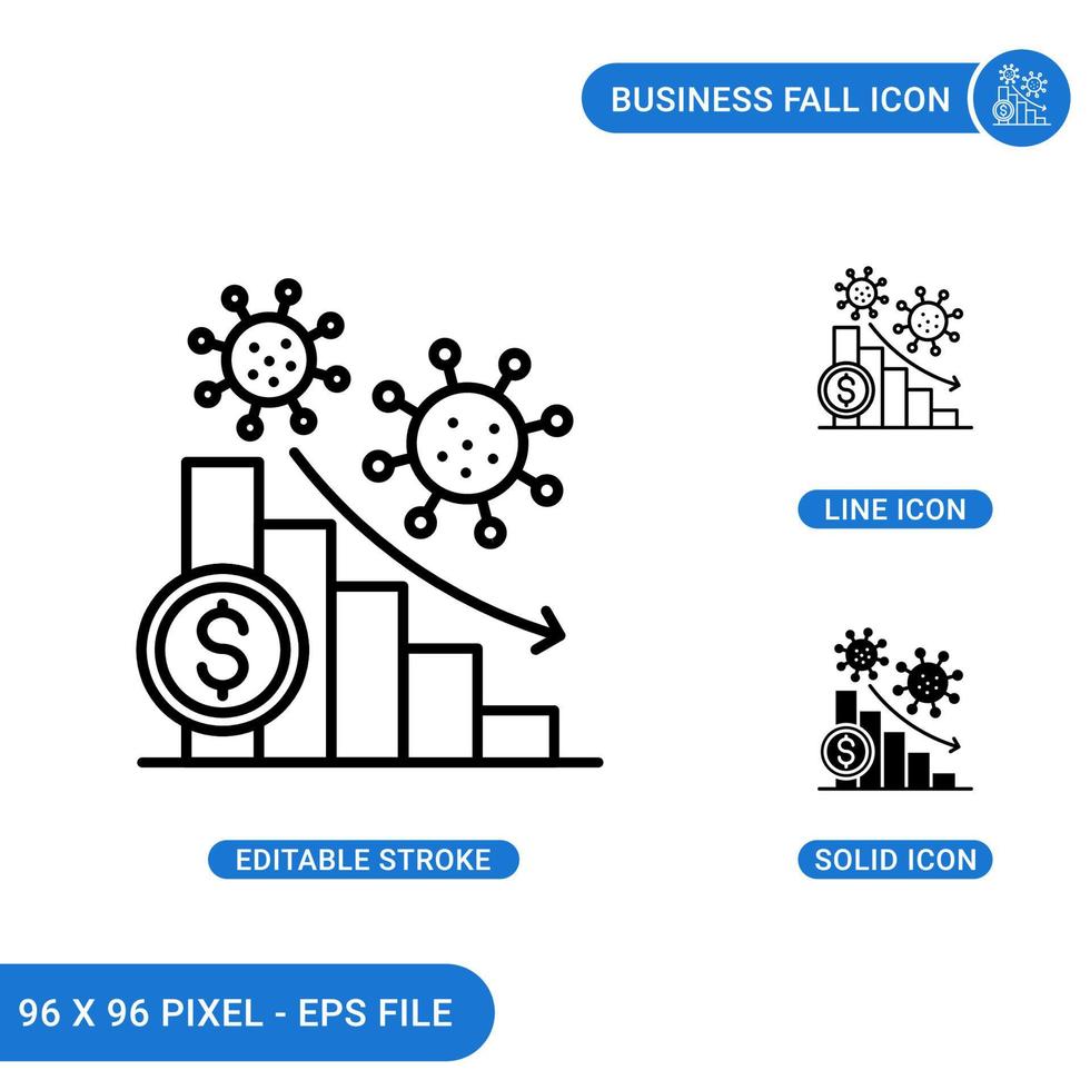 ícones de queda de negócios definir ilustração vetorial com estilo de linha de ícone sólido. conceito de impacto de coronavírus. ícone de traçado editável em fundo isolado para web design, infográfico e aplicativo móvel ui. vetor