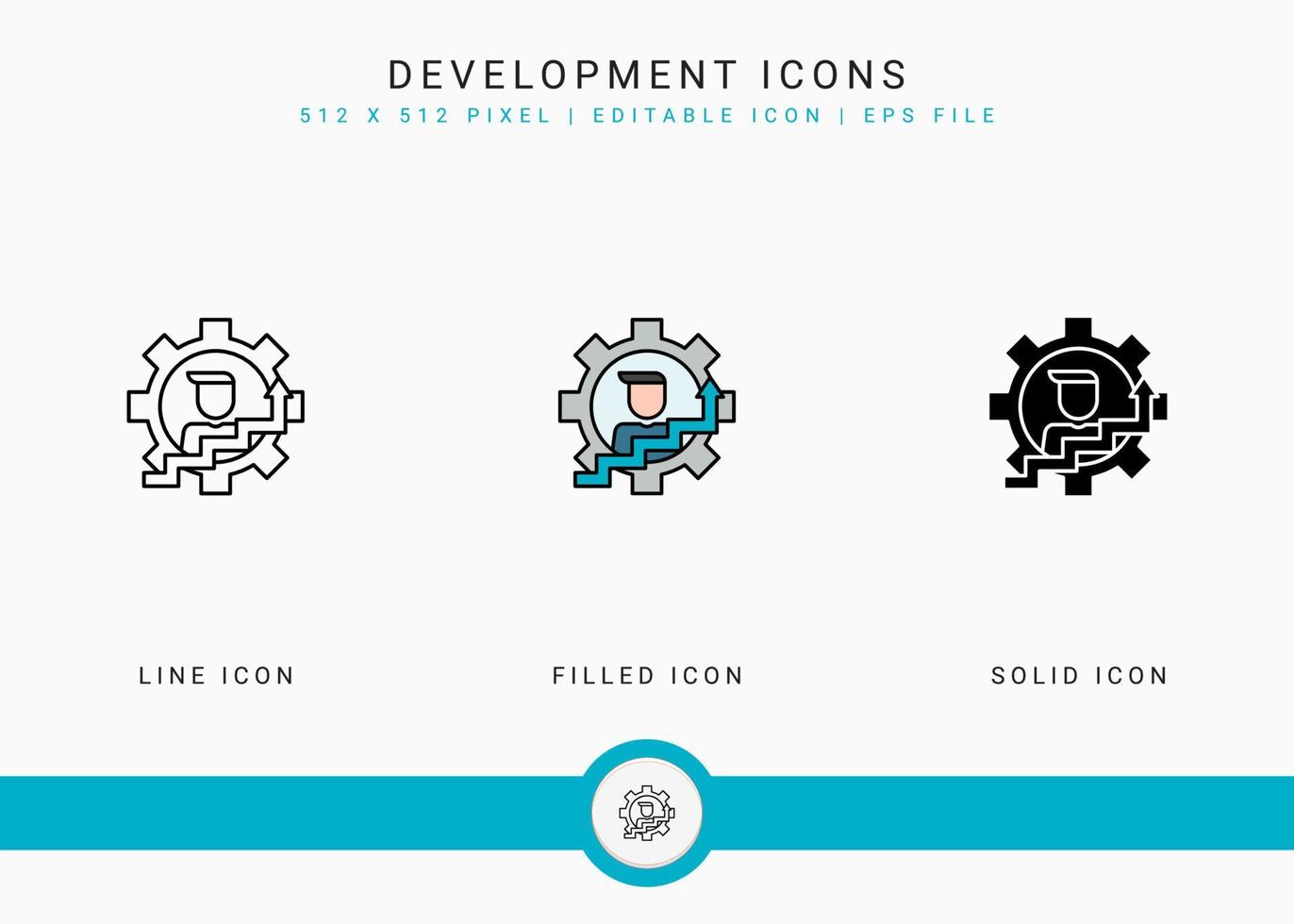 ícones de desenvolvimento definir ilustração vetorial com estilo de linha de ícone sólido. conceito de progresso de habilidade de negócios. ícone de traçado editável em fundo isolado para web design, interface de usuário e aplicativo móvel vetor