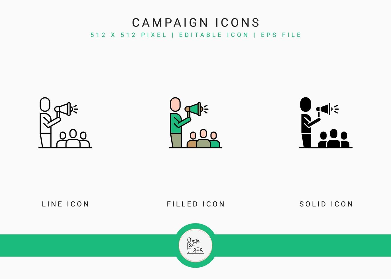 ícones de campanha definir ilustração vetorial com estilo de linha de ícone sólido. conceito de eleição pública do governo. ícone de traçado editável em fundo isolado para web design, interface de usuário e aplicativo móvel vetor