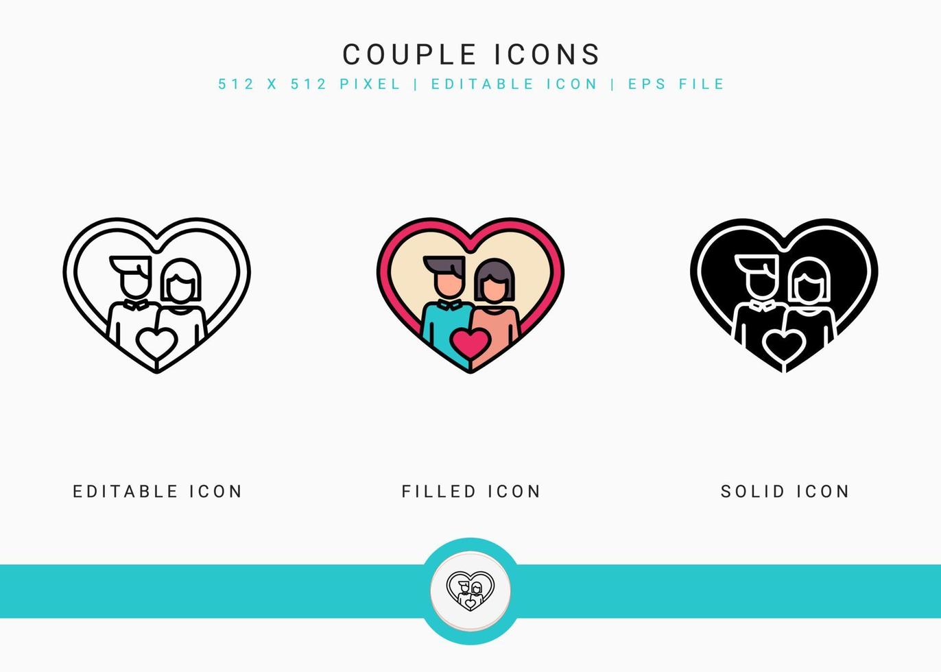 ícones de casal definir ilustração vetorial com estilo de linha de ícone sólido. conceito de romance de amor de casamento. ícone de traçado editável em fundo isolado para web design, interface de usuário e aplicativo móvel vetor