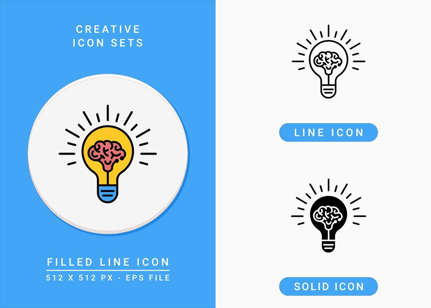 ícones criativos definir ilustração vetorial com estilo de linha de ícone sólido. cérebro dentro do símbolo de lâmpada brilhante. ícone de traçado editável em fundo isolado para web design, interface de usuário e aplicativo móvel vetor