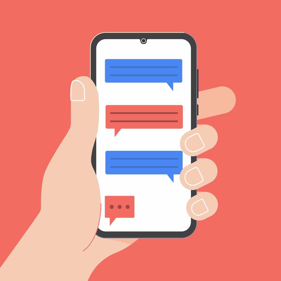 mão segurando o celular preto com bolhas de bate-papo azuis vermelhas na tela isoladas no fundo vetor