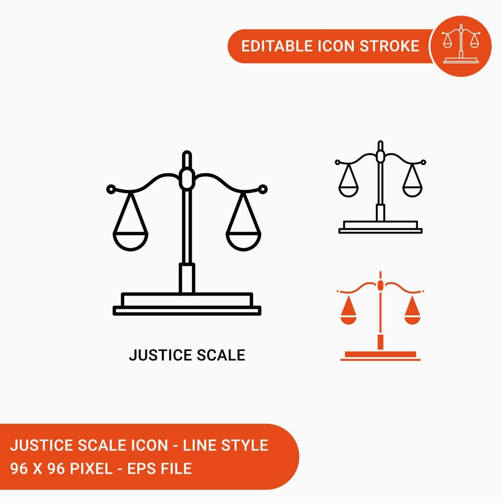 ícones de escala de justiça definir ilustração vetorial com estilo de linha de ícone. conceito de símbolo de equilíbrio de lei de igualdade. ícone de traçado editável em fundo branco isolado para web design, interface de usuário e aplicativo móvel vetor