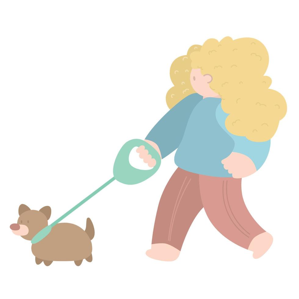 mulher andando com cachorro na primavera. conceito de atividade ao ar livre. ilustração vetorial em estilo simples, ilustração de conceito para estilo de vida saudável, esporte, exercício. vetor