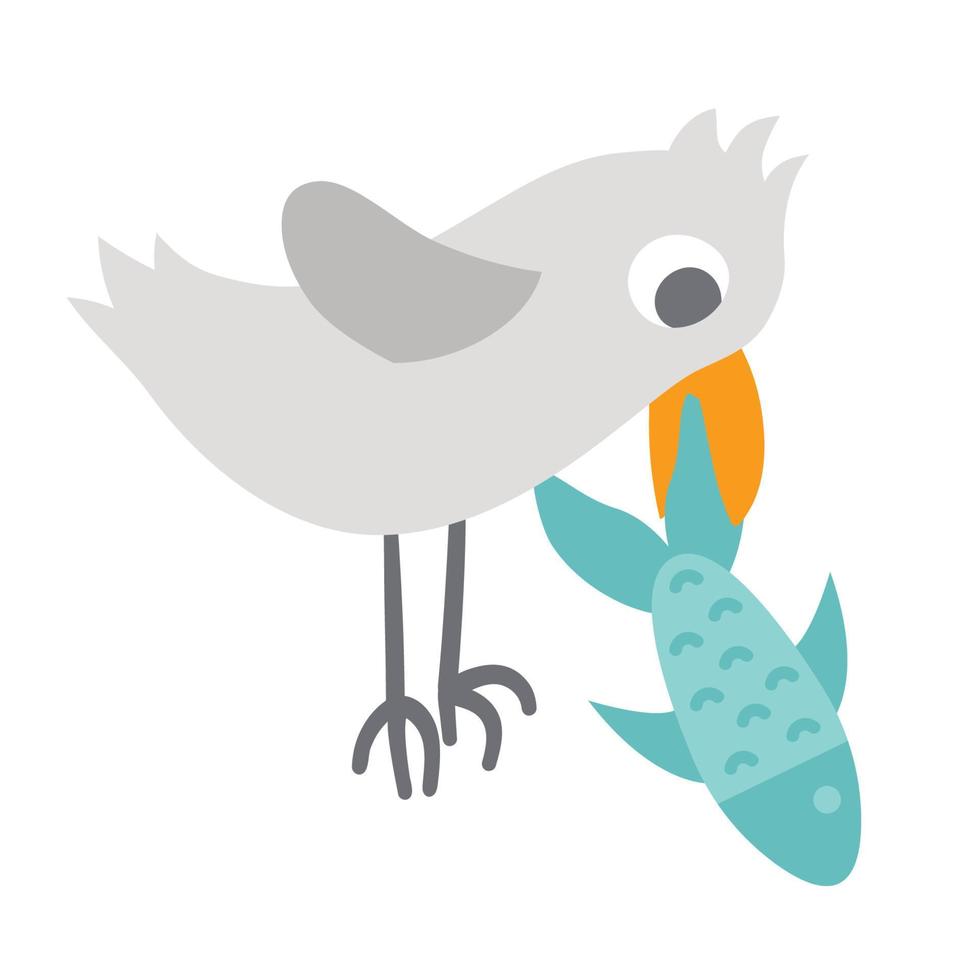 pássaro de vetor com peixe em um bico. floresta engraçada ou animal marinho. ilustração de floresta bonito para crianças isoladas no fundo branco. adorável ícone de gaivota