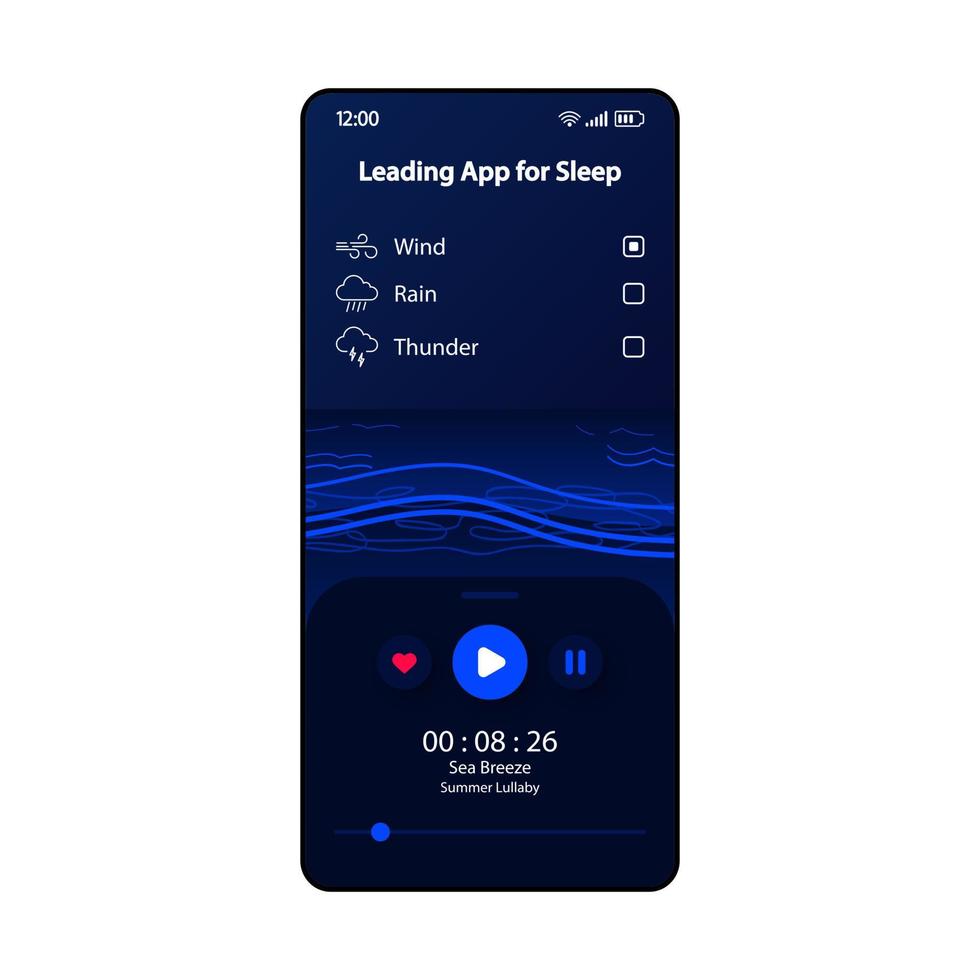 aplicativo líder para modelo de vetor de interface de smartphone de sono. página do aplicativo móvel azul escuro, layout de design preto. sons suaves da tela da natureza. interface do usuário plana para aplicação. vento e trovão. visor do telefone