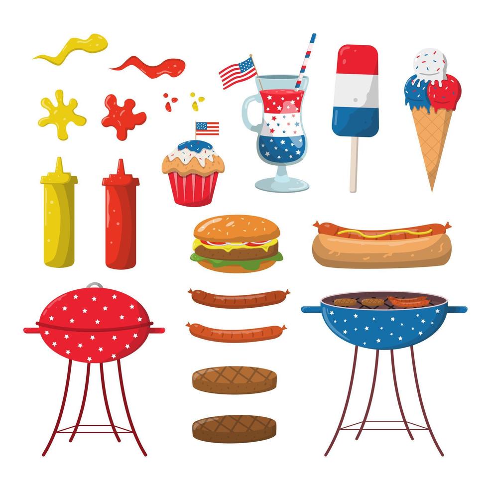 4 de julho conjunto de elementos de fast food e churrasco desenhados à mão em cores patrióticas. fast food definir dia da independência americana. festival de independência patriótica americana. ilustração vetorial vetor